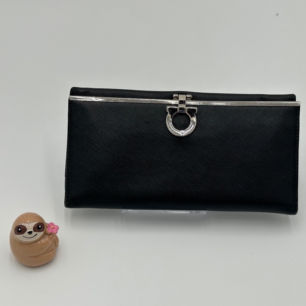 Black Women's Saffiano Leather Clutch Wallet with Silver Tone Hardware